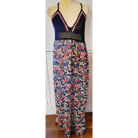 Forever 21 Dresses & Skirts - Forever 21 Crochet top Floral Maxi Semi Sheer Beach Cover up Dress OX